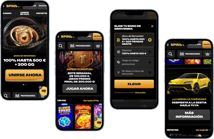 Spinsy Casino Experiencia Móvil Spinsy Casino pantallas móviles con bono de bienvenida, lobby de juegos, selección de bono y promoción deportiva
